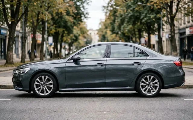 Белый седан Volga C40 на фоне заправки в Подмосковье