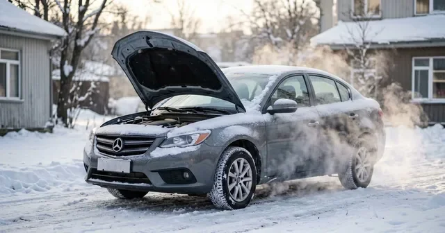 Мужчина в зимней куртке стоит у капота белого Geely Monjaro на парковке в -25 градусов