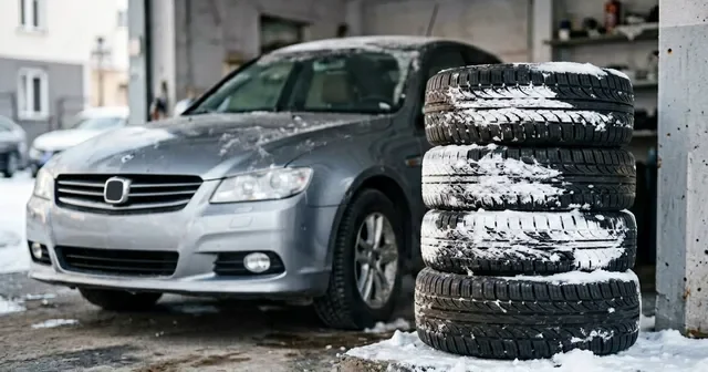 Черная зимняя шина с глубоким протектором на заснеженном асфальте